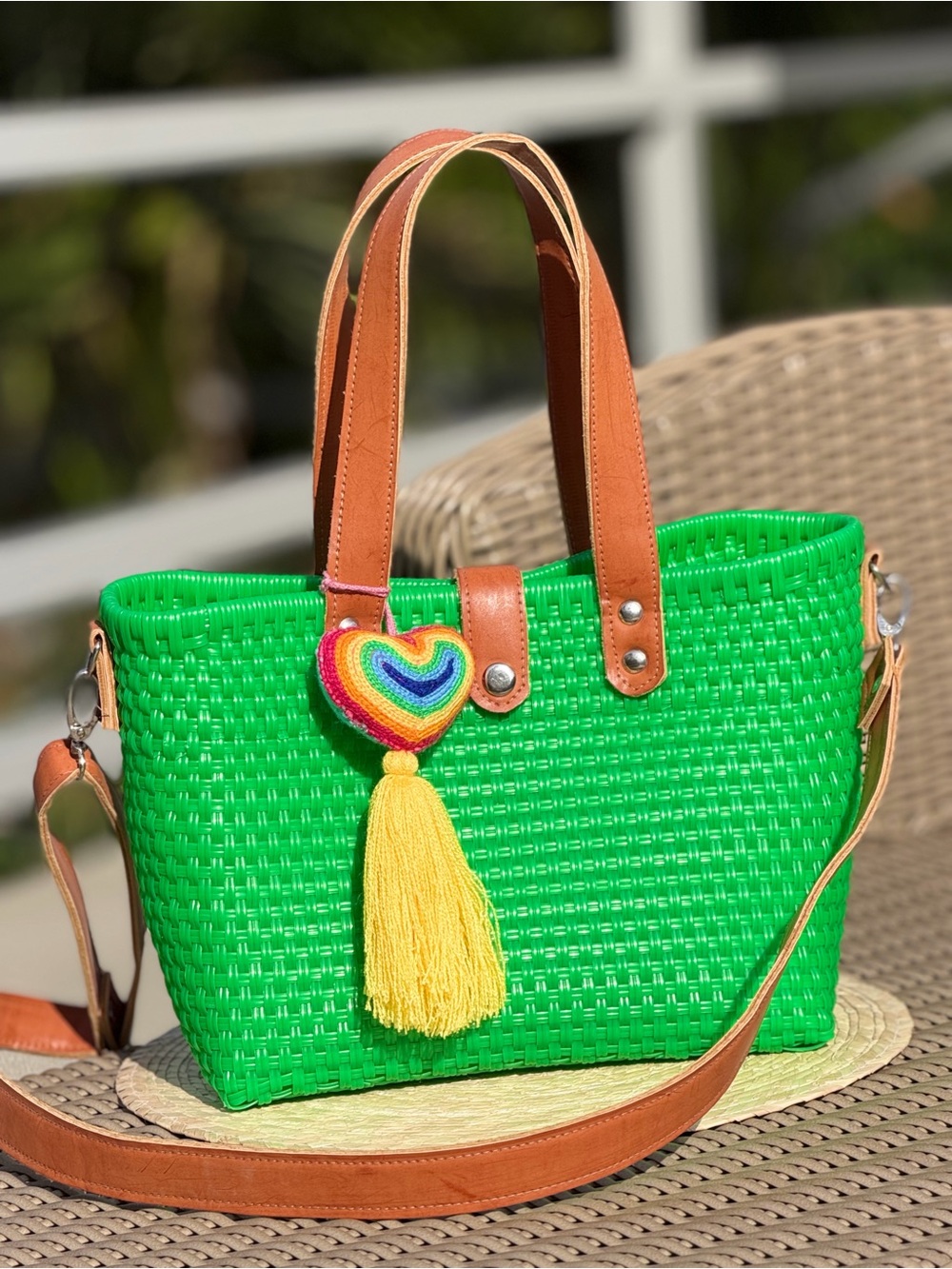 Green Woven Tote Bag with Tan Straps and Heart Tassel